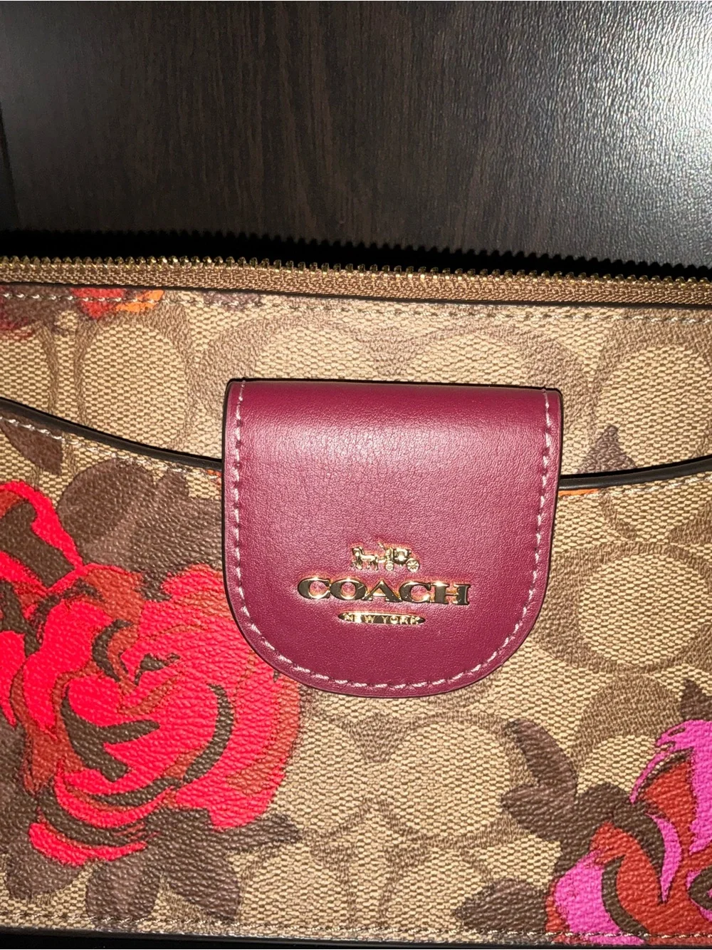 Coach Brown Signature Floral Canvas Crossbody with Gold Chain
